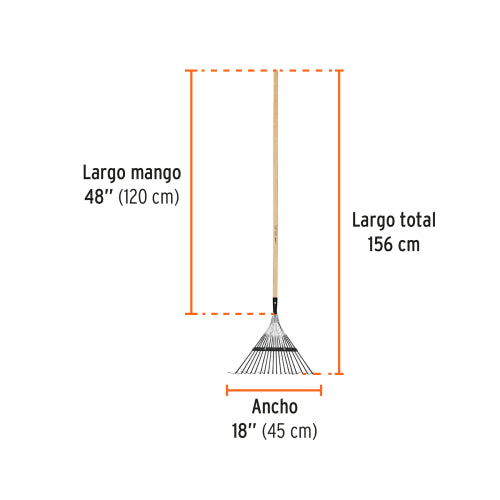Escoba metálica para jardín, recta, 18 dientes, mango 48"