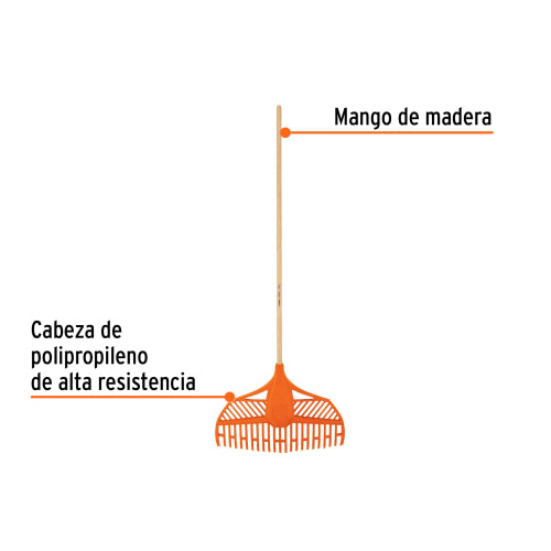 Escoba plástica flexible para jardín, 23 dientes, mango 48"