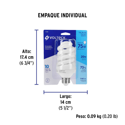 Lámpara espiral T4 20 W luz de día en blíster, Volteck