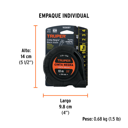 Flexómetro contra impactos 10 m, Cinta Negra 32 mm, Truper