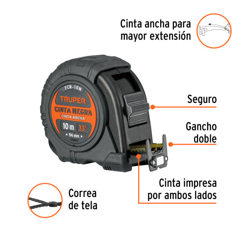 Flexómetro contra impactos 10 m, Cinta Negra 32 mm, Truper