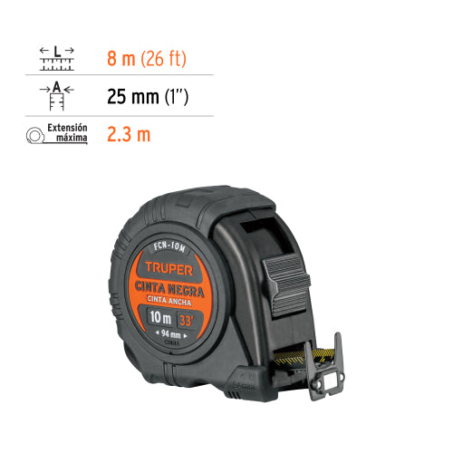 Flexómetro contra impactos 10 m, Cinta Negra 32 mm, Truper