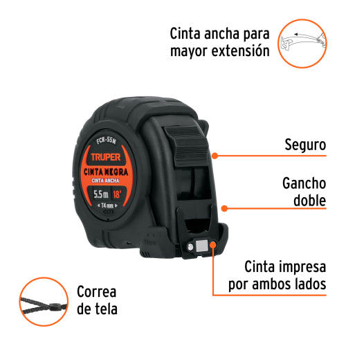 Flexómetros Cinta Negra, 5.5 Metros, extra ancha