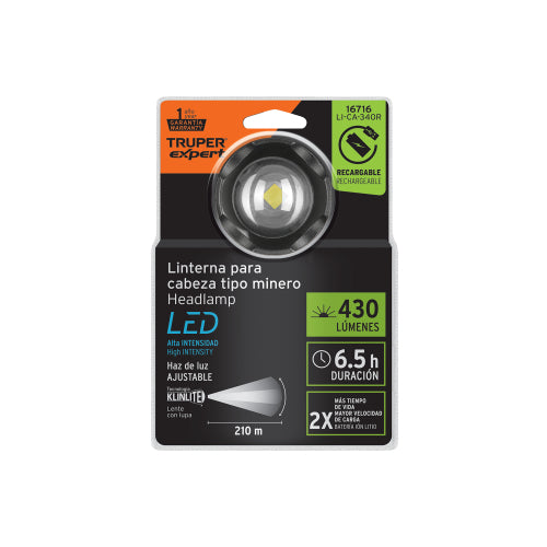 Linterna de minero LED 430 lm, recargable, TRUPER EXPERT