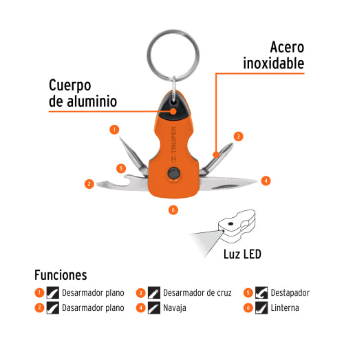 Multiherramienta 6 funciones, con LED, tipo llavero, Truper