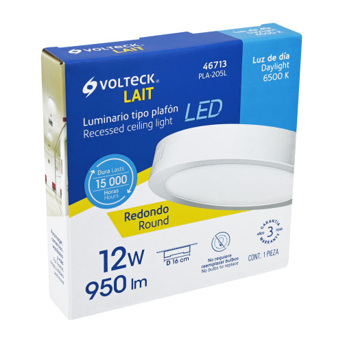 Luminario LED tipo plafón 12 W, redondo, luz de día, blanco