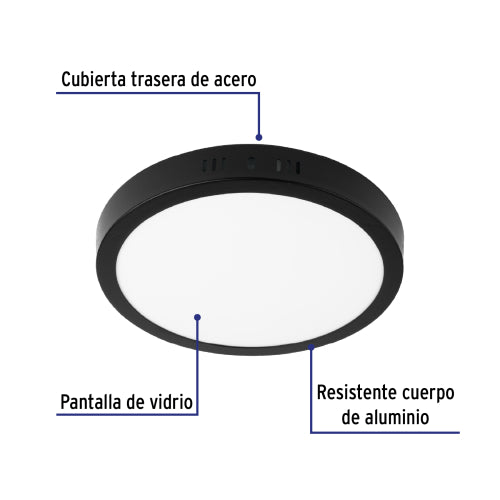 Luminario LED tipo plafón 18 W, redondo, luz de día, negro