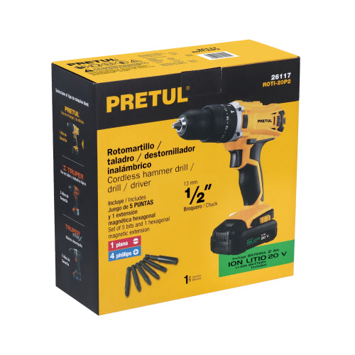 Rotomartillo 1/2", 20V, 1 batería 2Ah, PRETUL
