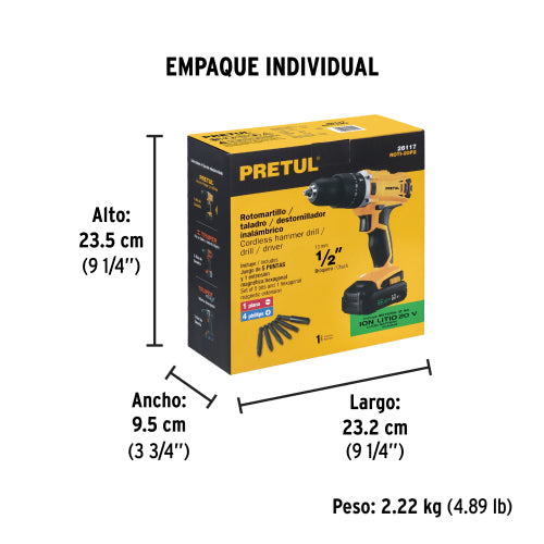 Rotomartillo 1/2", 20V, 1 batería 2Ah, PRETUL