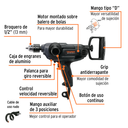 Taladro tipo espada 1/2", 1150W, TRUPER INDUSTRIAL