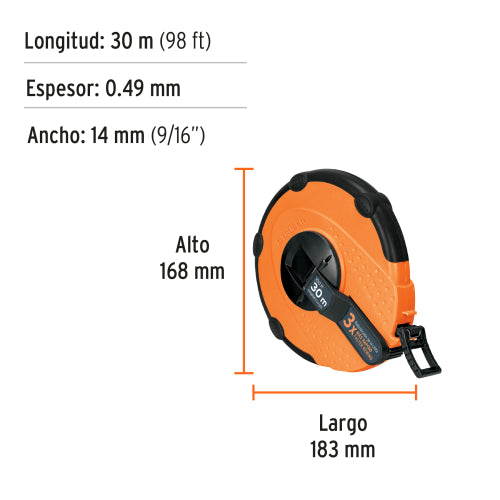 Cinta métrica larga 30 m fibra de vidrio, carcasa plástica